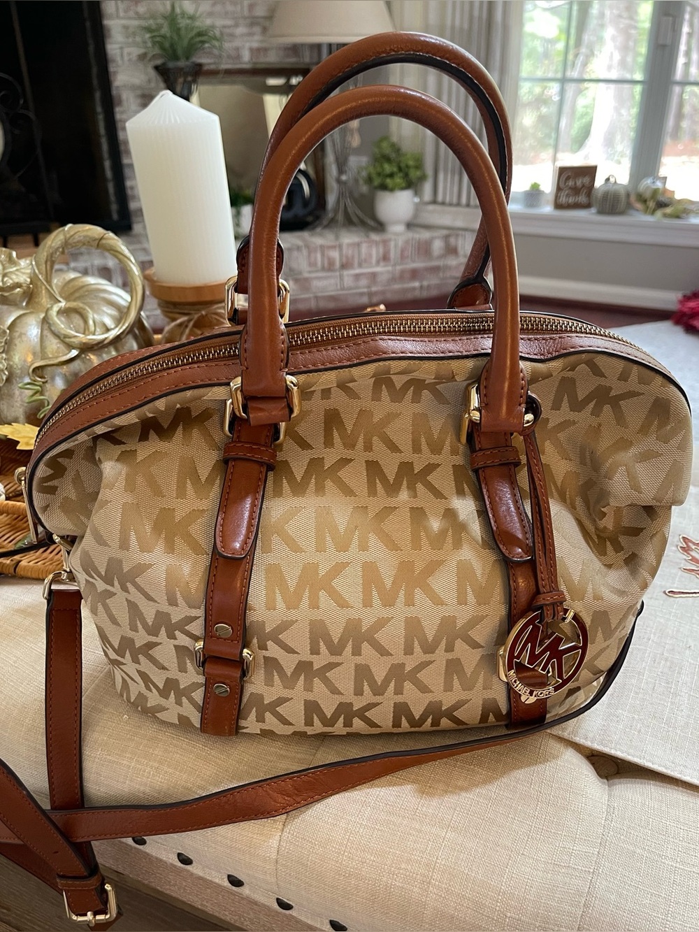 Michael Kors Beige & Brown MK Logo Satchel